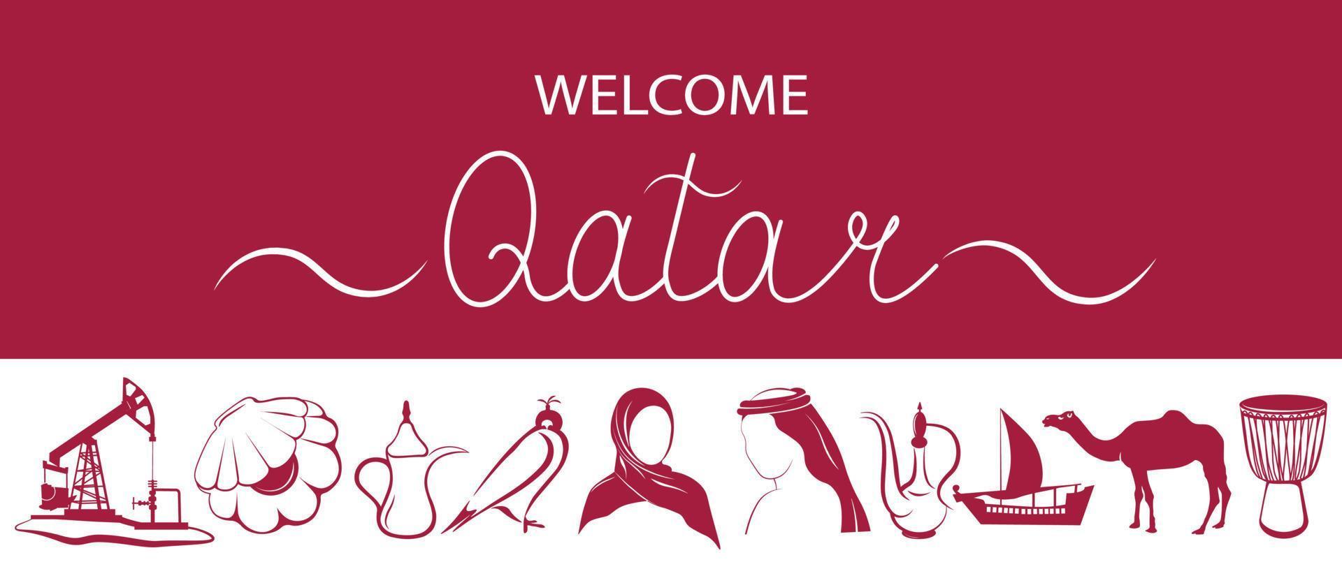 bienvenue au qatar et ses attractions vector illustration stock. chameau, musulman, desserts orientaux, théières, perles, extraction d'huile, tambours, théière orientale.