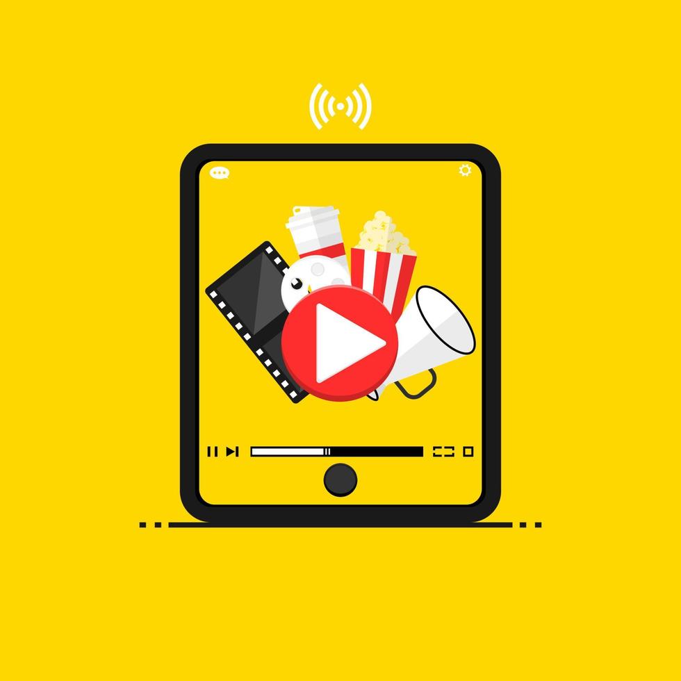 smartphone jouant la vidéo en ligne, conception d'application de film de cinéma vectoriel, concept en ligne d'illustration marketing. vecteur