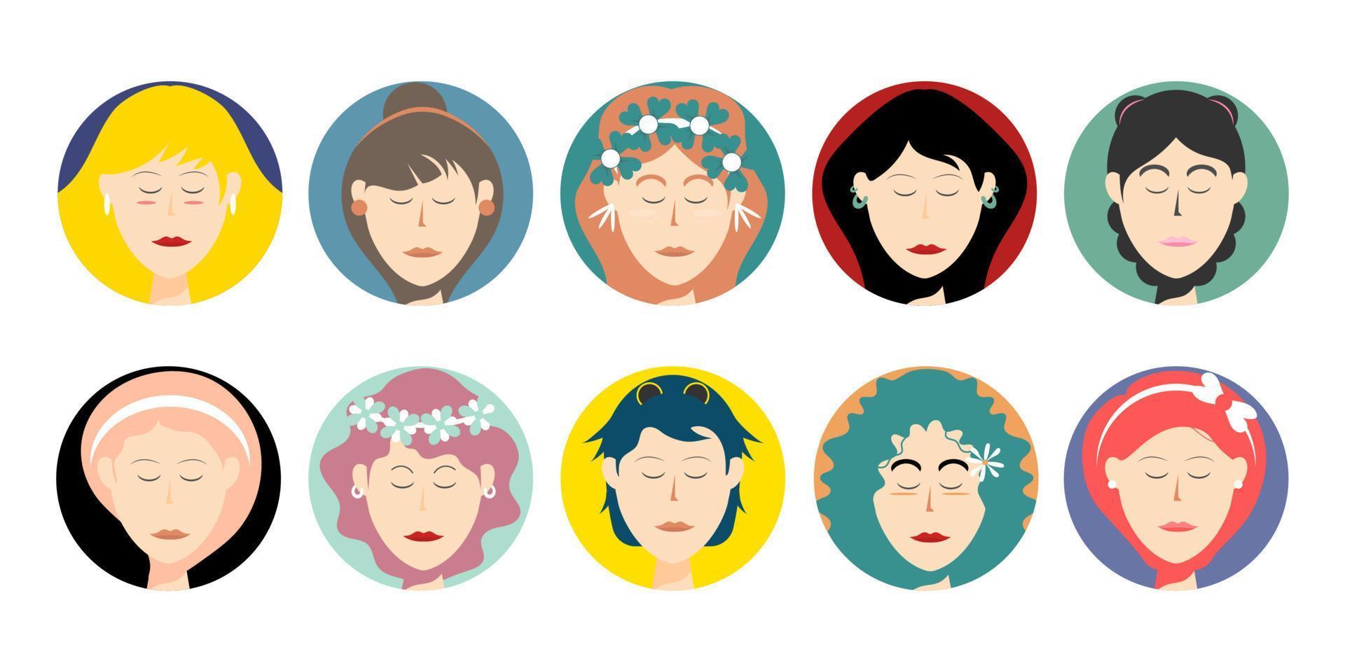 définir le cercle de collection de femmes avatar facial avec coiffure, illustration de marketing de vecteur de dessin animé en ligne.