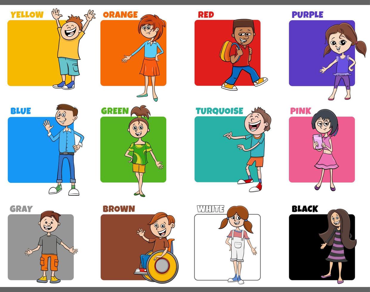 couleurs de base sertie de personnages de dessins animés pour enfants vecteur