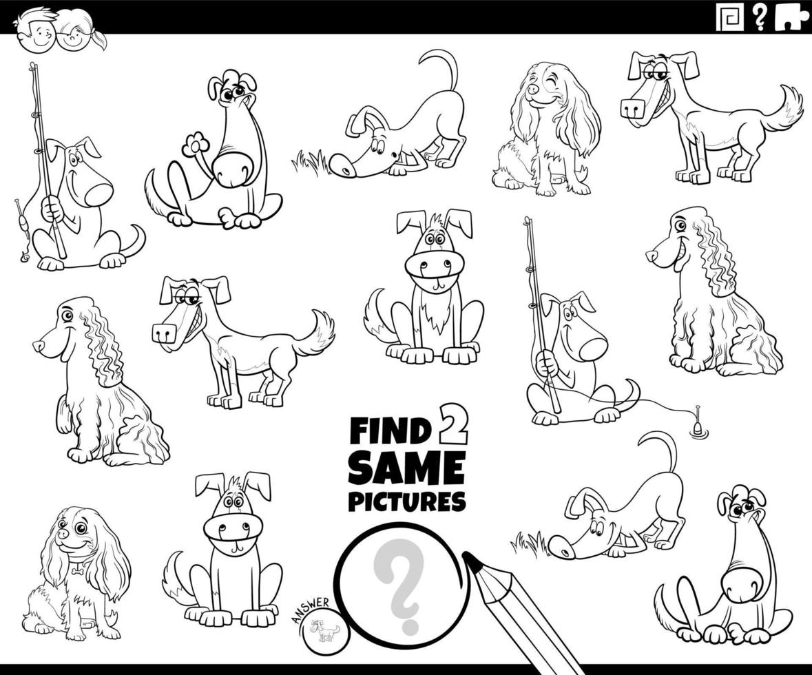 trouver deux mêmes personnages de chien tâche page de livre de coloriage vecteur