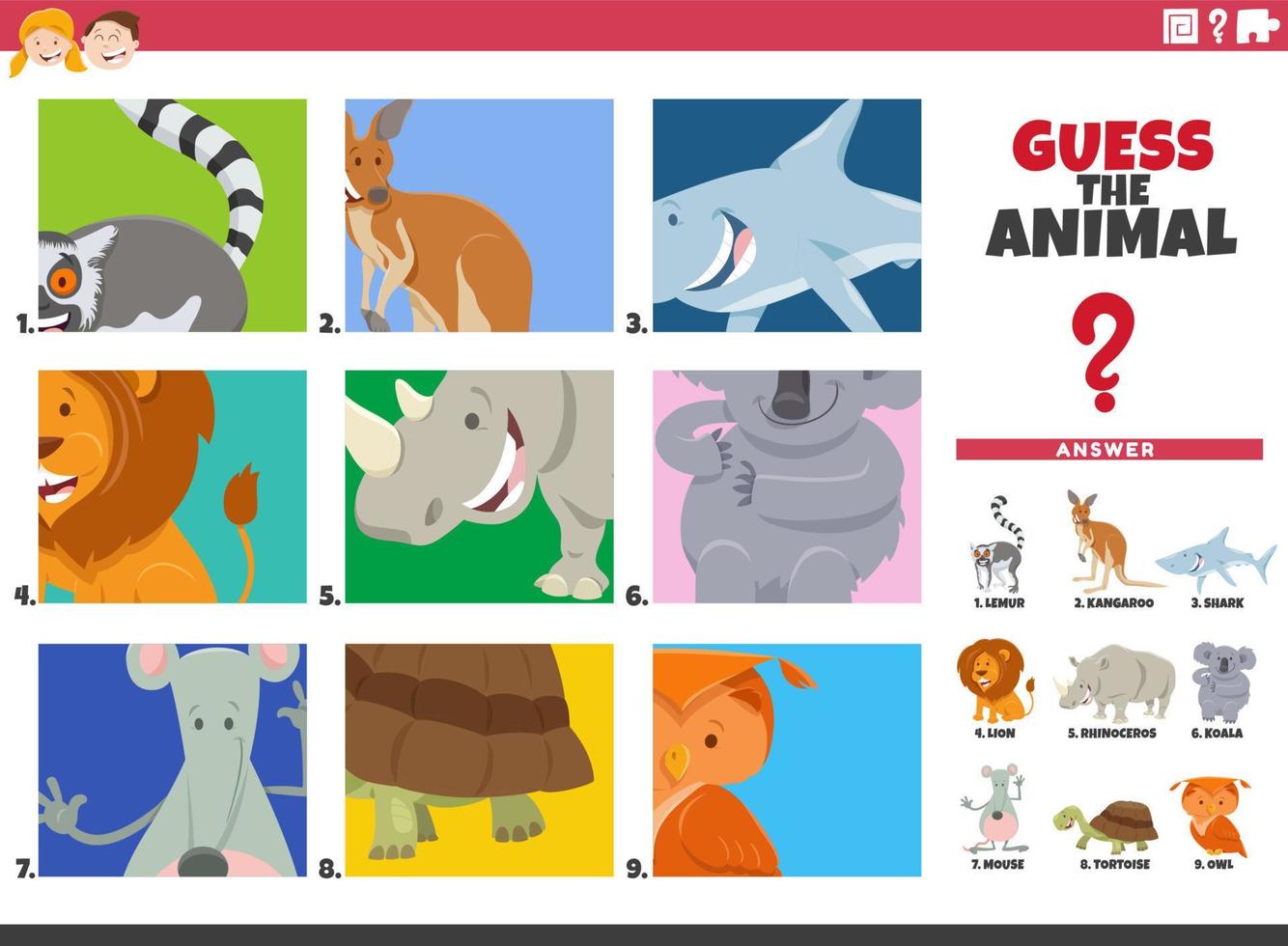 devinez la tâche éducative des personnages d'animaux de dessin animé pour les enfants vecteur