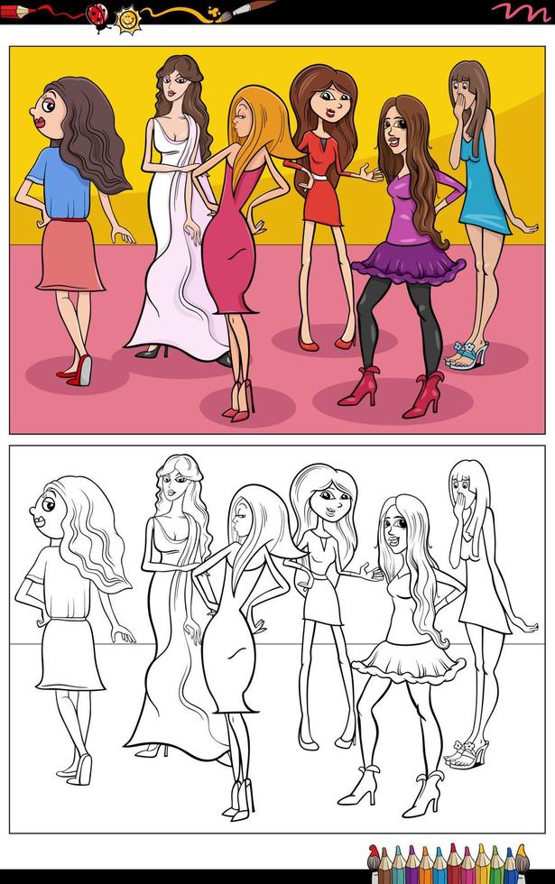 coloriage de groupe de belles filles ou de femmes comiques vecteur