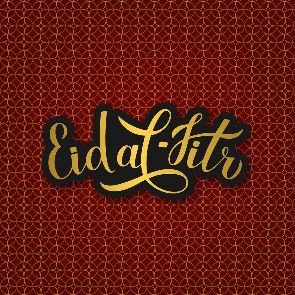 lettrage de calligraphie eid al-fitr sur fond de motif arabe rouge et or. affiche de vecteur de vacances musulmanes. fête traditionnelle islamique de la rupture du jeûne. modèle de bannière ou de carte de voeux.