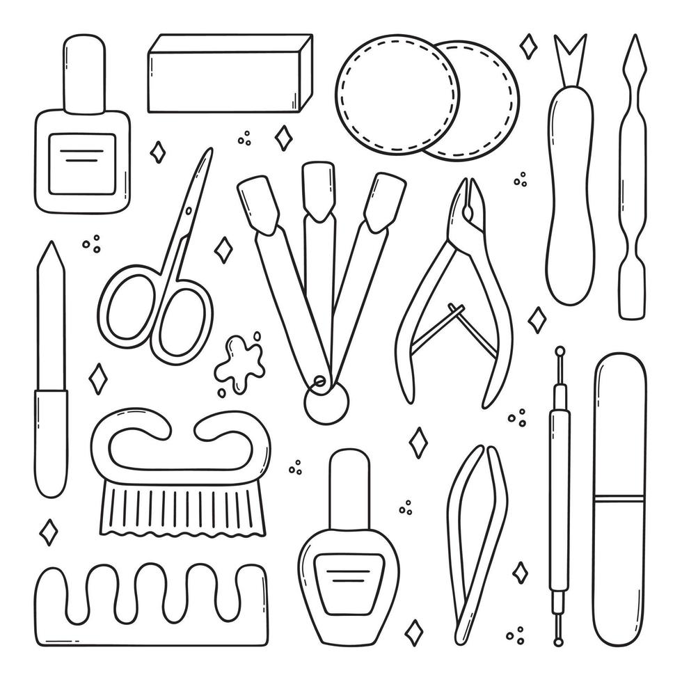 ensemble dessiné à la main de doodle d'équipement de manucure et de pédicure. salon de manucure dans le style de croquis. vernis à ongles, pince à épiler, dissolvant, coupe-ongles, ciseaux. illustration vectorielle isolée sur fond blanc. vecteur