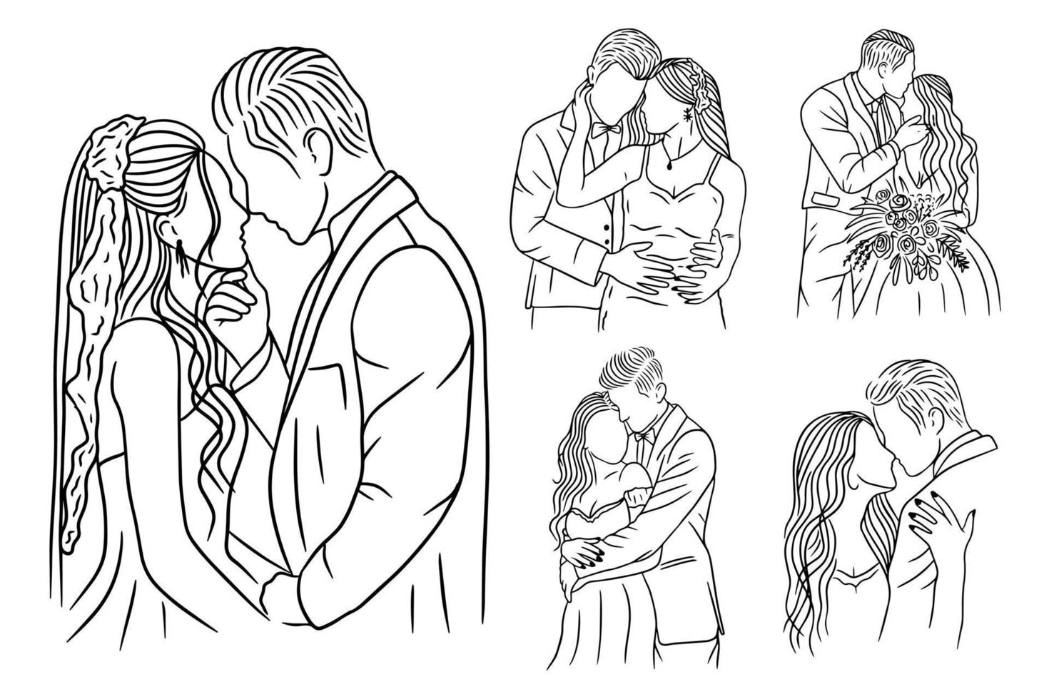 ensemble bundle dessin au trait dessin simple amour couple mariage heureux dessiné à la main vecteur