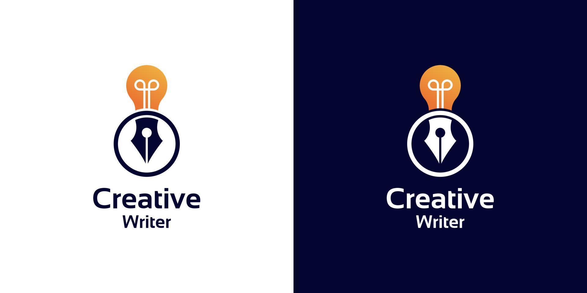 création de logo d'écrivain créatif stylo et ampoule vecteur