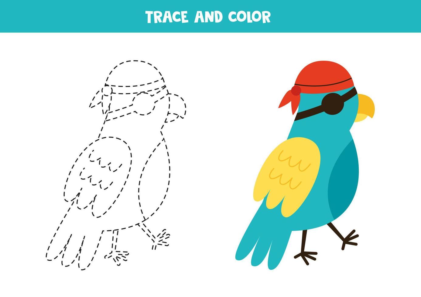 tracez et coloriez un joli perroquet pirate. feuille de travail pour les enfants. vecteur