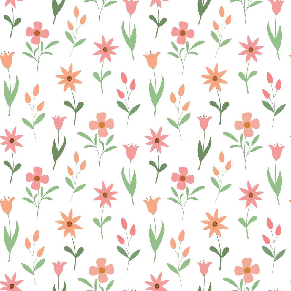 motif floral harmonieux de printemps de dessin animé avec des fleurs de prairie de couleur mignonne. isolé sur fond blanc. conception pour papier peint, textile. vecteur