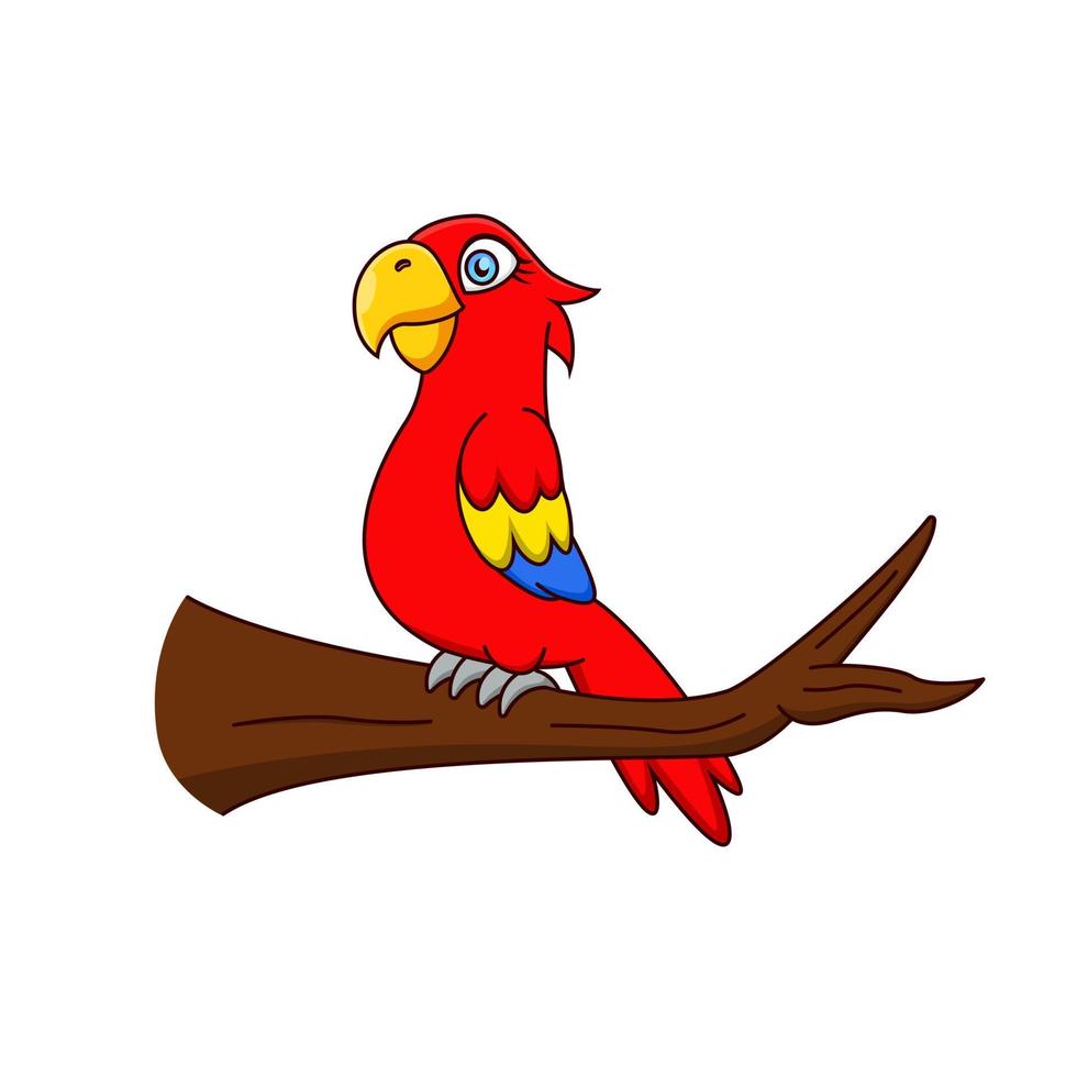 dessin animé oiseau ara rouge debout sur une branche. illustration vectorielle. dessin animé mignon d'animaux vecteur
