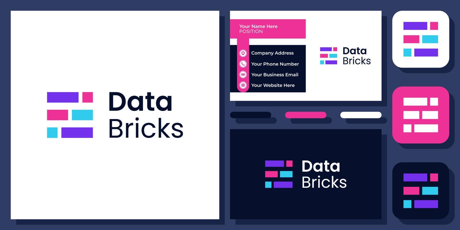 briques données technologie brique base de données réseau internet mur création de logo vectoriel avec carte de visite