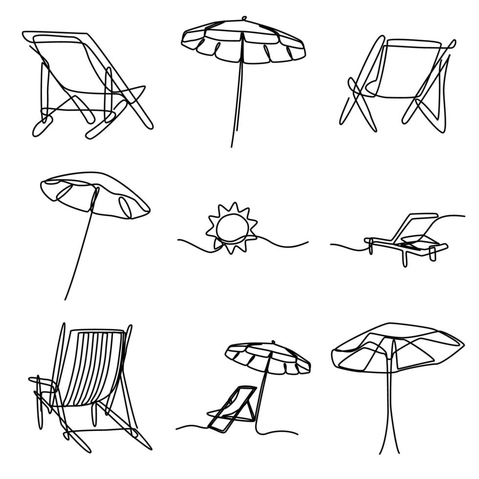 ensemble de chaise de plage d'été et objet parapluie en une ligne dessin d'illustration continu vecteur
