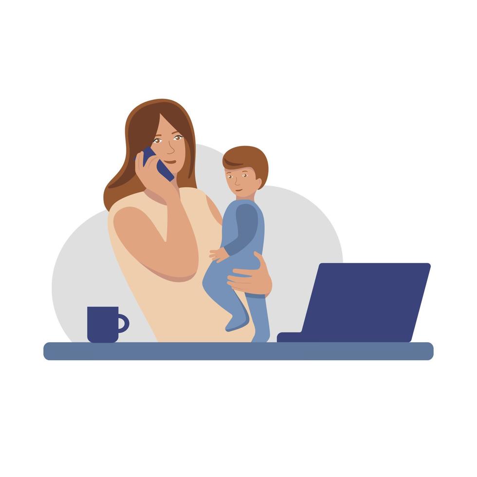 femme multitâche avec le bébé sur ses bras parlant au téléphone vecteur