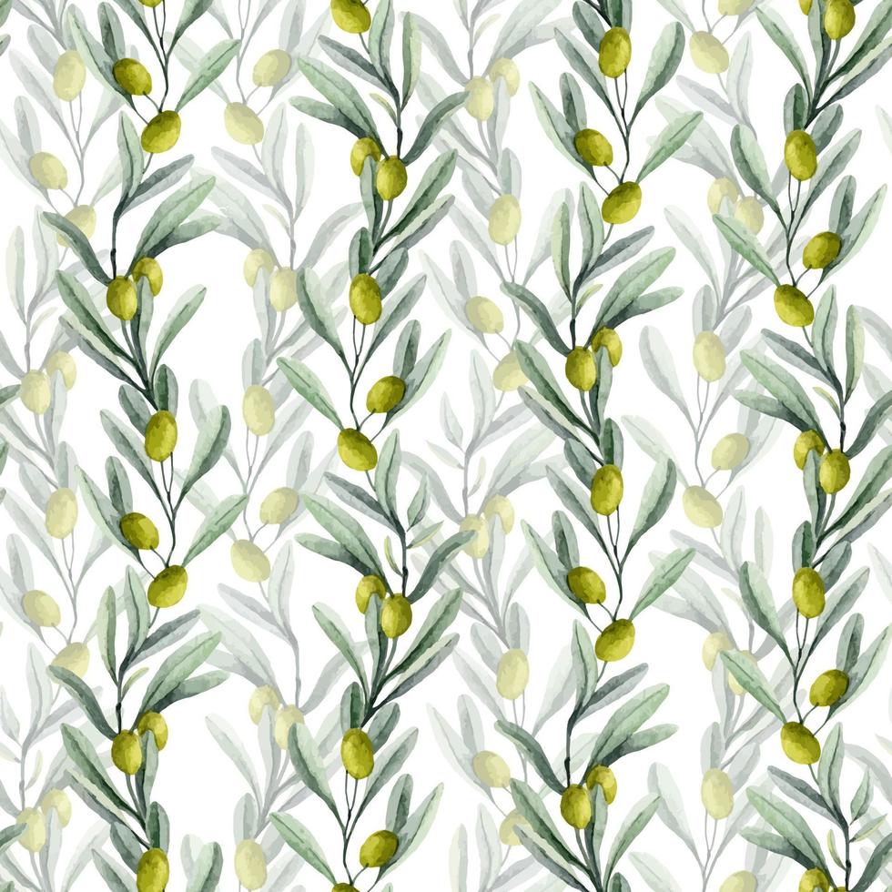 motif d'olive sans couture aquarelle. fond dessiné à la main avec des branches vertes et des fruits. imprimé méditerranéen pour le design textile. peinture de style vintage vecteur