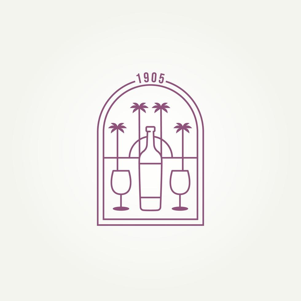 verre à vin et bouteille avec conception d'illustration vectorielle de modèle de logo de badge vue sur la plage. carte des vins minimaliste, restaurant, concept de logo emblème de cave vecteur
