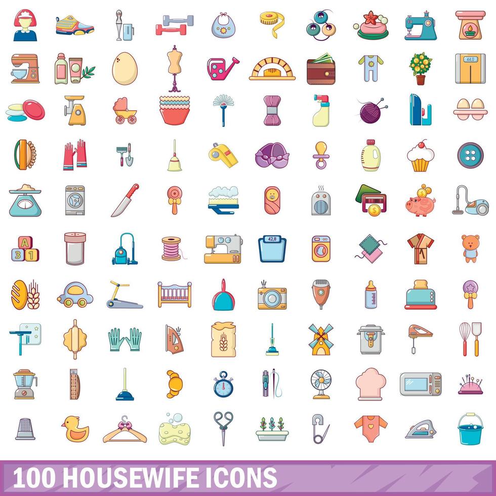 Ensemble de 100 icônes de femme au foyer, style cartoon vecteur