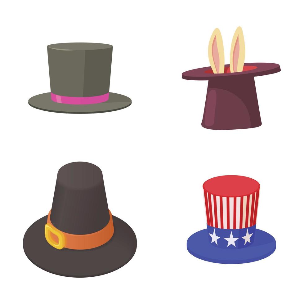 jeu d'icônes de chapeau haut de forme, style cartoon vecteur