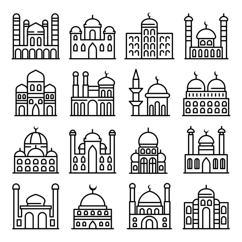 ensemble d'icônes de mosquée, style de contour vecteur