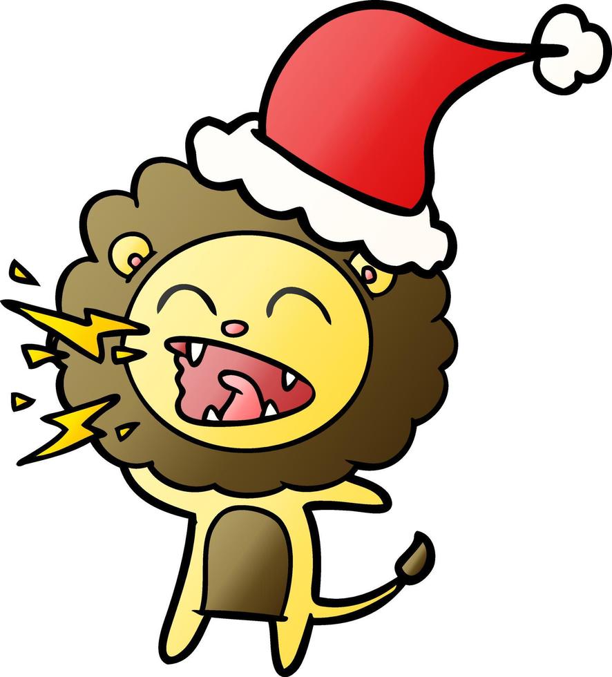 dessin animé dégradé d'un lion rugissant portant un bonnet de noel vecteur