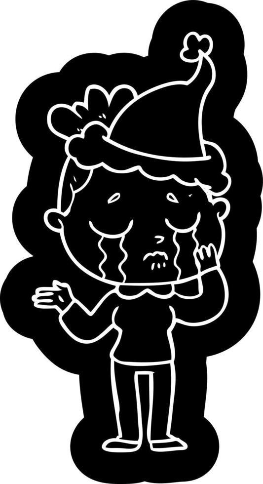 icône de dessin animé d'une femme qui pleure portant un bonnet de noel vecteur