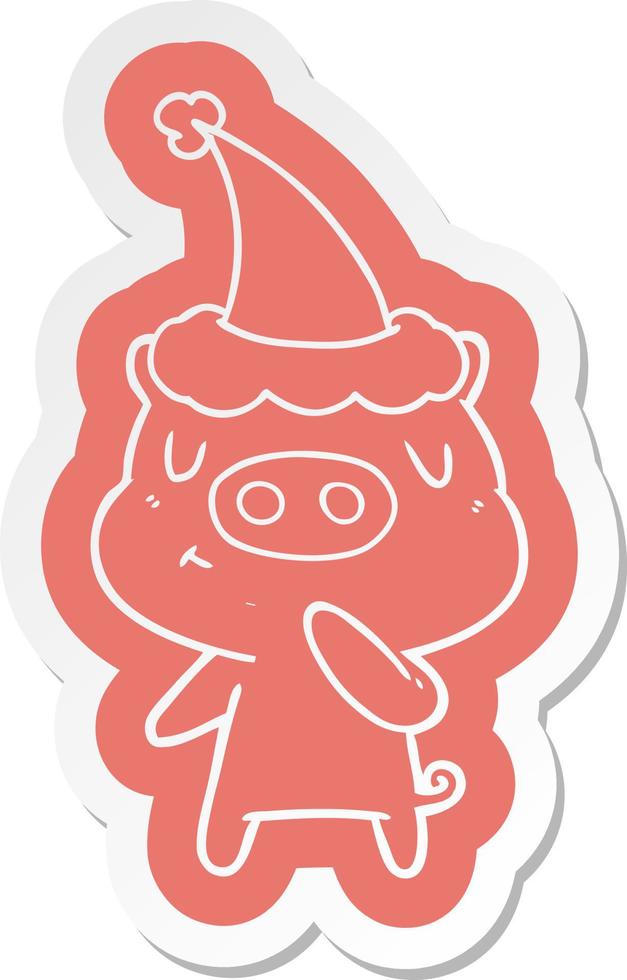 autocollant de dessin animé d'un cochon de contenu portant un bonnet de noel vecteur