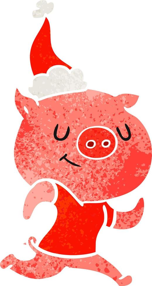 heureux, retro, dessin animé, de, a, cochon, courant, porter, santa chapeau vecteur