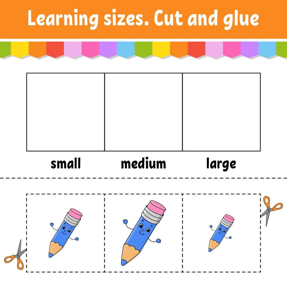tailles d'apprentissage. couper et coller. niveau facile. feuille de travail d'activité de couleur. jeu pour les enfants. personnage de dessin animé. illustration vectorielle. vecteur