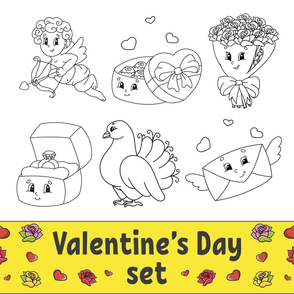 livre de coloriage pour les enfants. clipart de la Saint-Valentin. personnages joyeux. illustration vectorielle. style de dessin animé mignon. silhouette de contour noir. isolé sur fond blanc. vecteur