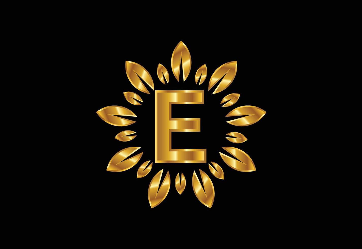 alphabet de lettre monogramme e initial avec couronne de feuilles dorées. concept de conception de logo de fleur vecteur