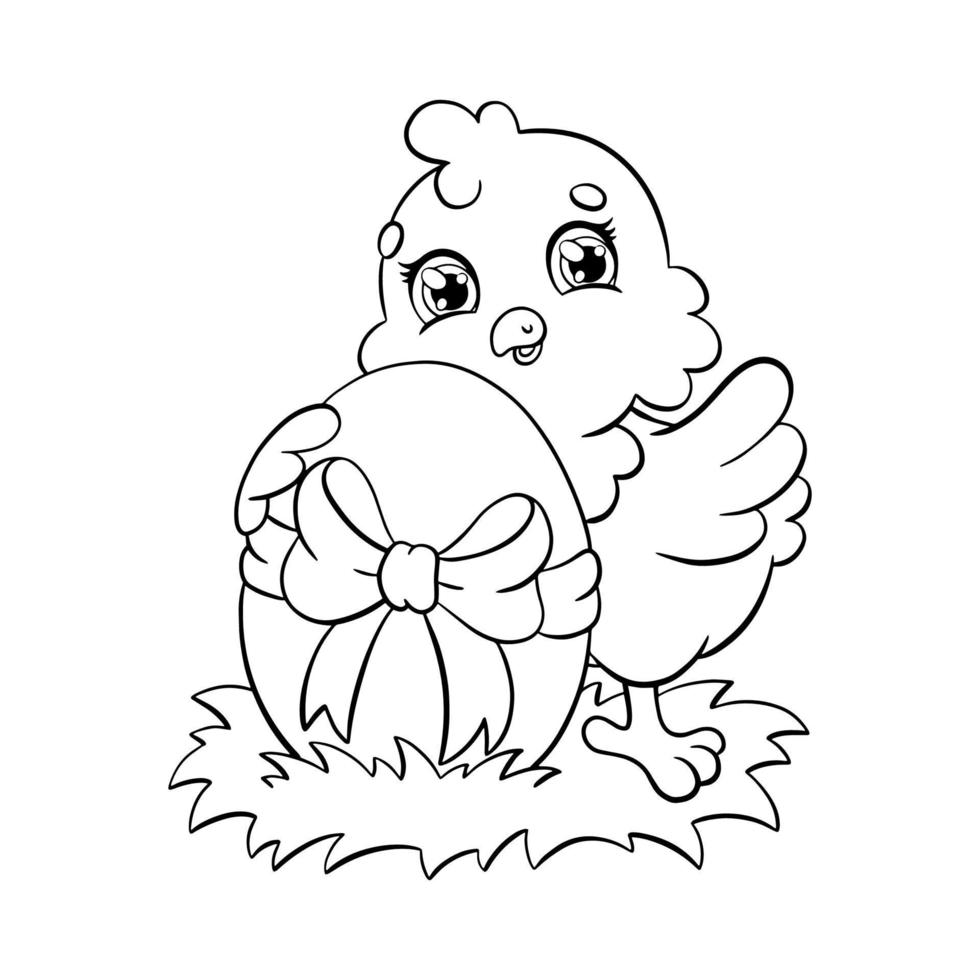 poussin mignon souhaite joyeuses pâques. page de livre de coloriage pour les enfants. personnage de style dessin animé. illustration vectorielle isolée sur fond blanc. vecteur