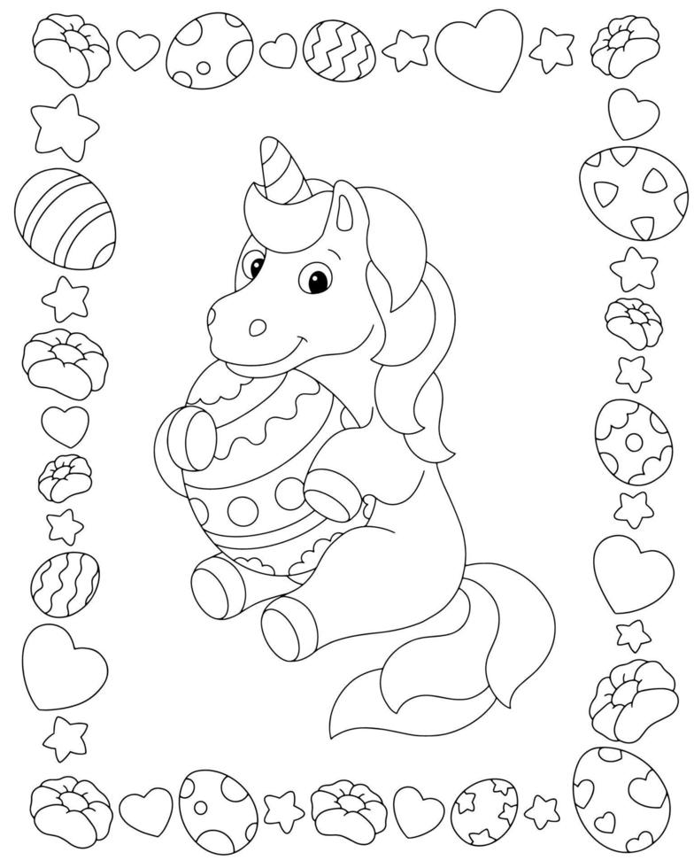 licorne et oeuf de pâques. page de livre de coloriage pour les enfants. personnage de style dessin animé. illustration vectorielle isolée sur fond blanc. vecteur