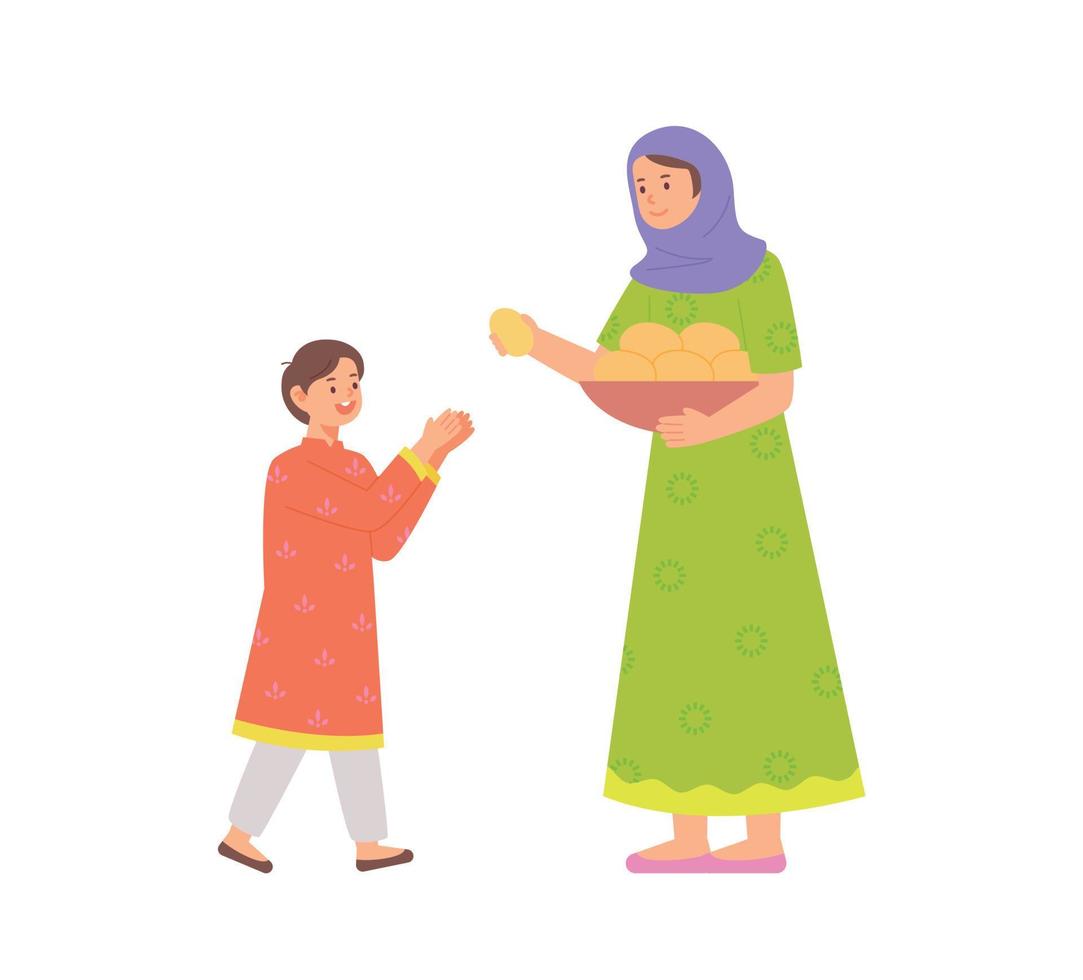 personnage de costume traditionnel indien. sa mère donne à son enfant de la nourriture du panier. vecteur