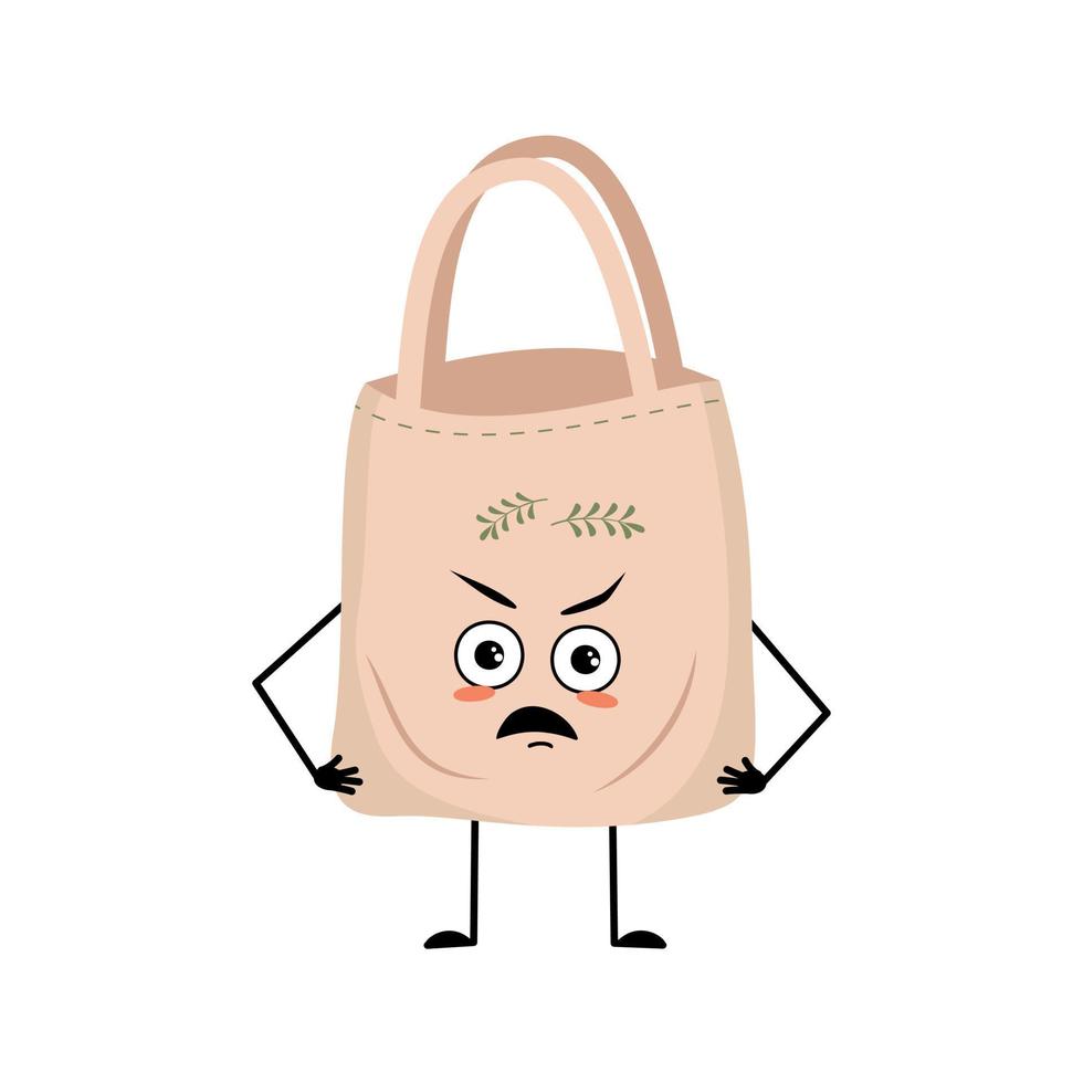 adorable sac en tissu avec des émotions de colère, un visage grincheux, des yeux furieux, des bras et des jambes. shopper au visage irrité, alternative écologique au sac plastique. illustration vectorielle plate vecteur