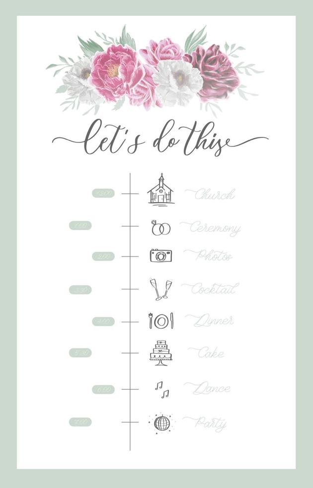 menu de chronologie de mariage le jour du mariage avec fleur aquarelle. conception de vecteur de fond art floral abstrait pour mariage et modèle de couverture vip.