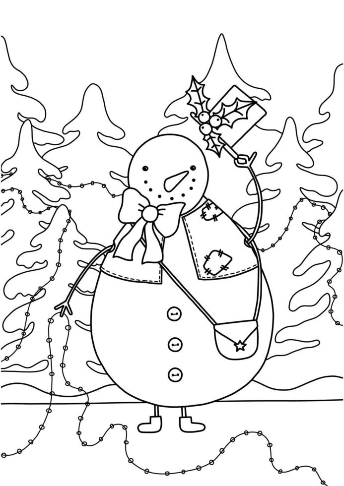 Image vectorielle à colorier d'un bonhomme de neige avec un chapeau et une guirlande dans les bois. illustration en noir et blanc pour les enfants, dessinée en style cartoon. illustration vectorielle pour la conception, les impressions et les motifs. vecteur