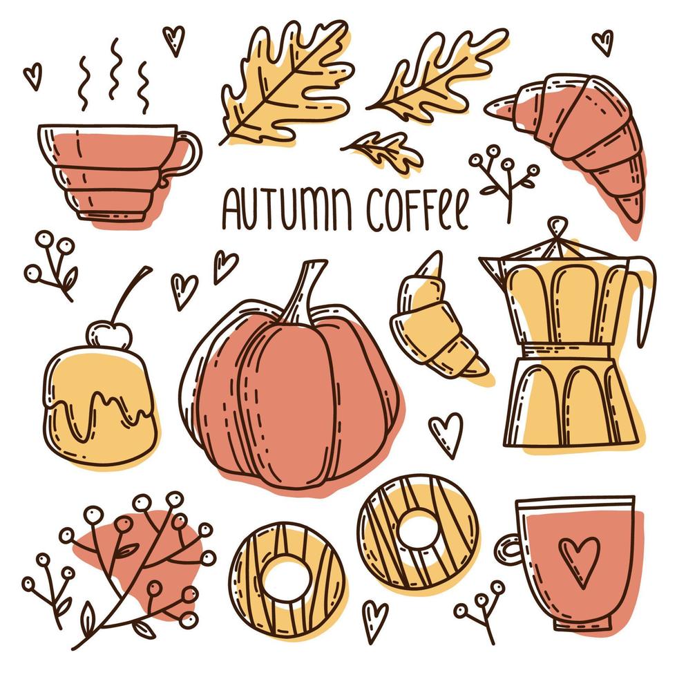 Image vectorielle ensemble d'automne confortable avec une jolie citrouille d'automne, des gâteaux à la crème, une boisson au chocolat chaud, une cafetière, des beignets, des croissants, des feuilles de chêne, des baies de rowan et des coeurs. griffonnages dessinés à la main vecteur