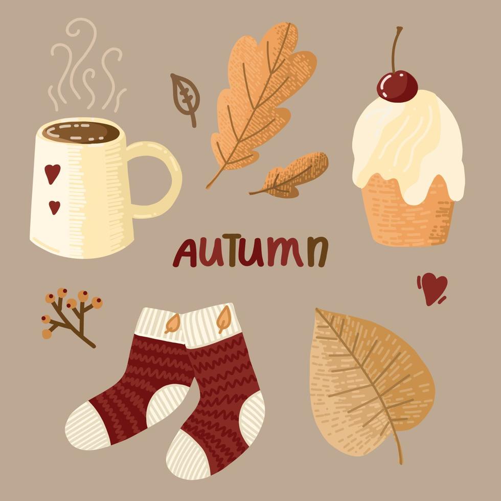 automne douillet. ensemble d'éléments d'automne mignons - chaussettes tricotées, boisson chauffante, gâteau, feuilles d'automne. idée de confort et de style de vie confortable, d'ambiance d'hiver ou d'automne vecteur