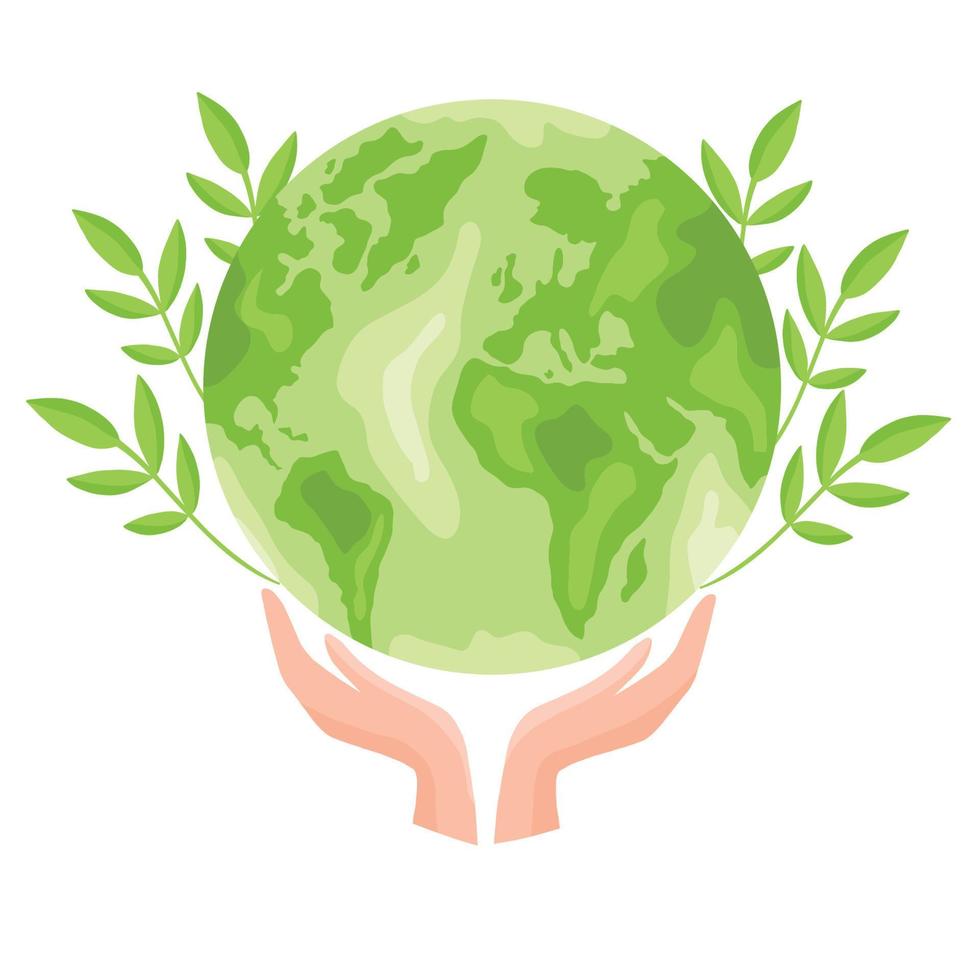 mains tenant un globe terrestre vert avec des plantes et des feuilles. illustration vectorielle vecteur