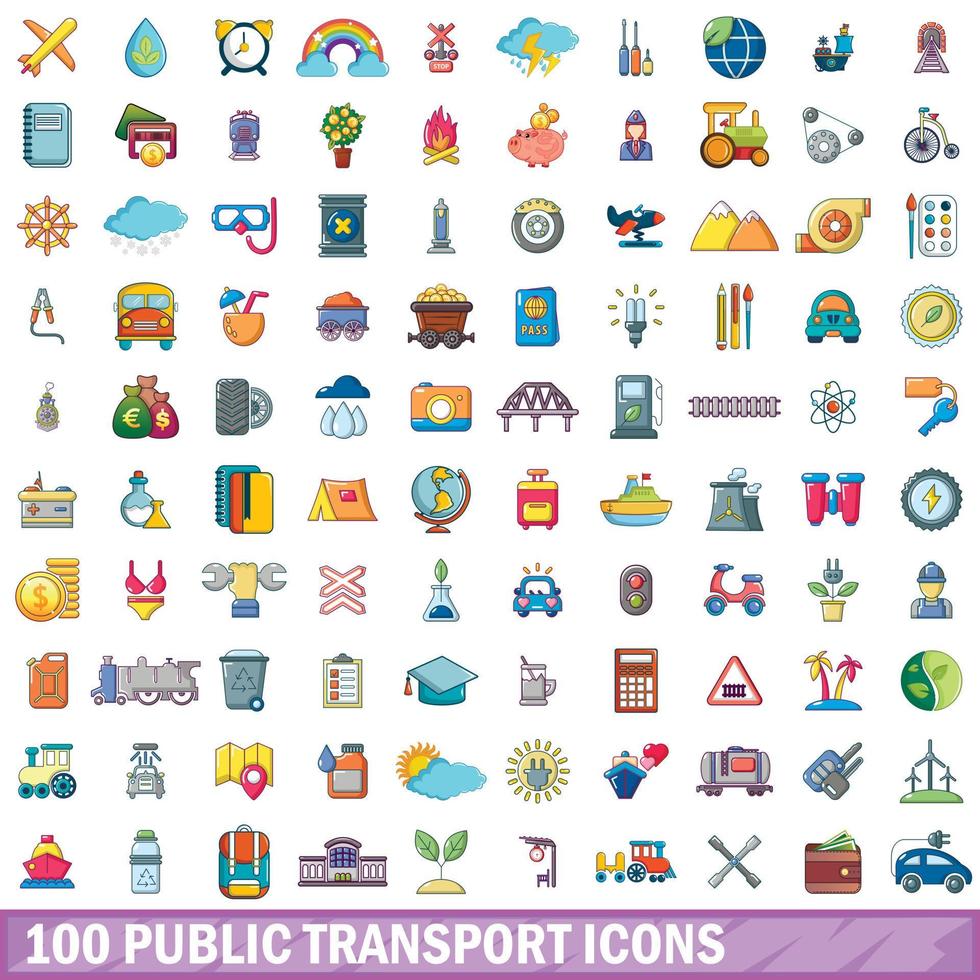 Ensemble de 100 icônes de transport public, style cartoon vecteur