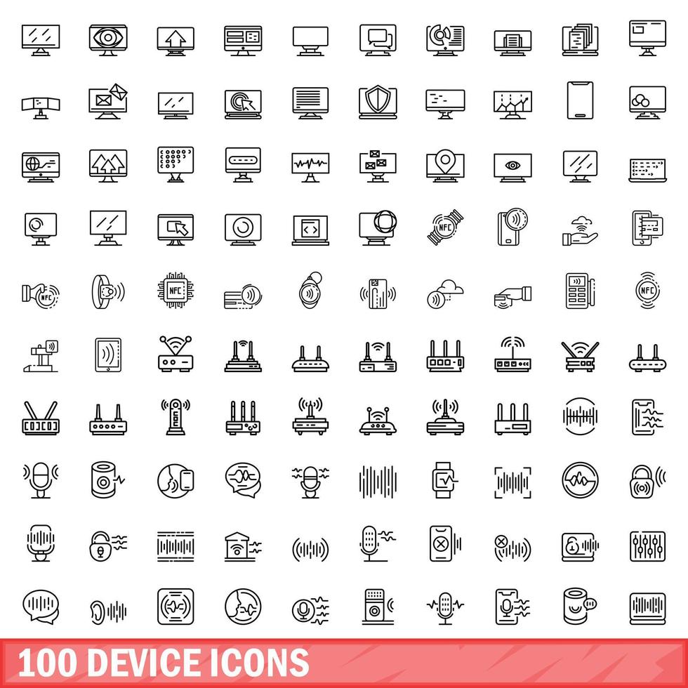 Ensemble de 100 icônes de périphérique, style de contour vecteur