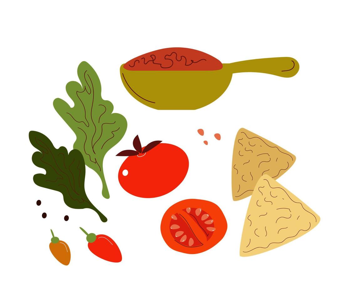 bol de salsa, collations, sauce, chili, nachos, citron vert, tomates, avec ingrédients. cuisine mexicaine traditionnelle, illustration vectorielle de style croquis doodle sur fond blanc. vecteur