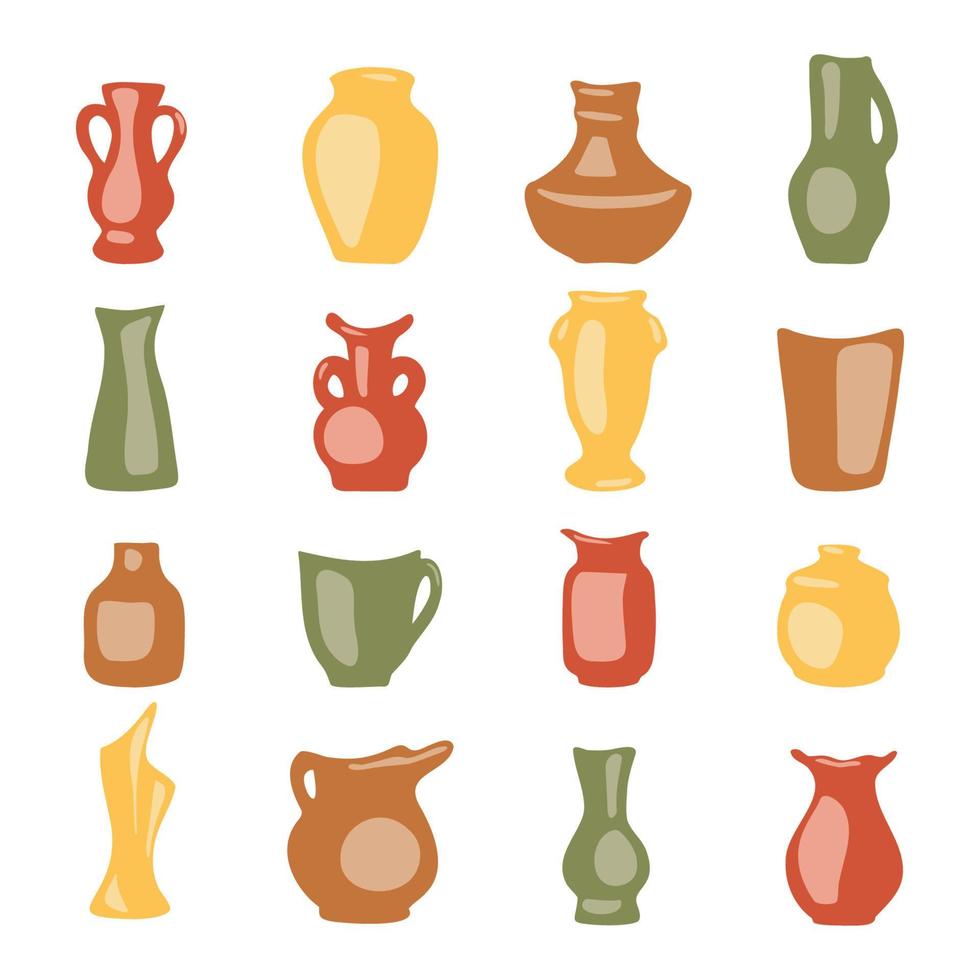 collection de tasses de poterie décorative en céramique. ensemble de vases en terre cuite colorée, bols abstraits simples dessinés à la main pour illustration vectorielle de carte design d'intérieur vecteur