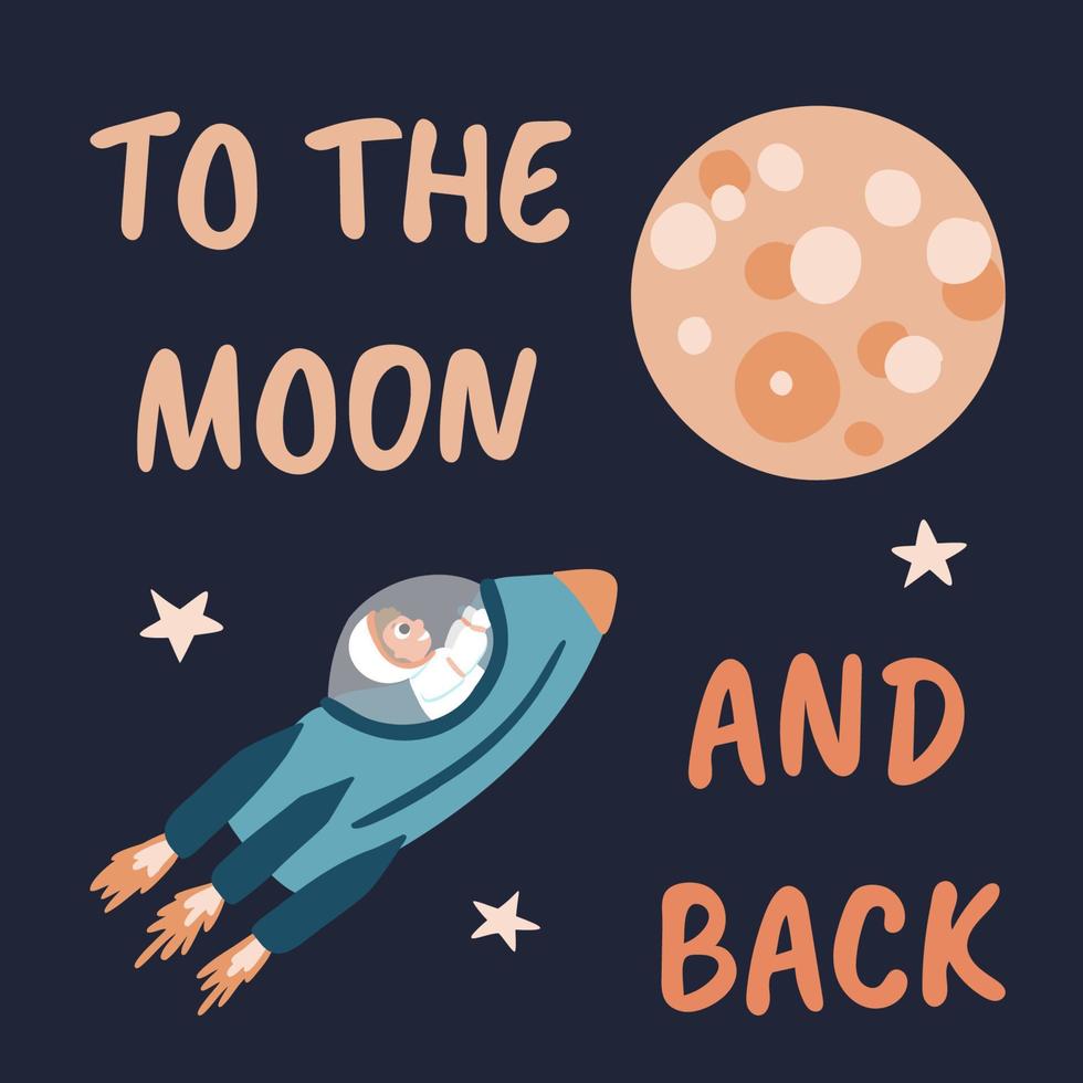 affiche de l'univers cosmique mignon plat dessiné à la main avec un enfant voler dans une fusée parmi les étoiles à la lune et une phrase à la lune et à l'arrière. concept de motivation des enfants sur l'amour et les rêves deviennent réalité illustration vectorielle vecteur