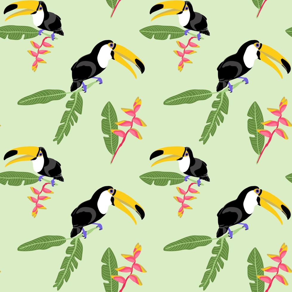 oiseau exotique avec gros toucan nib et feuilles et fleurs tropicales motif harmonieux d'héliconia. fond coloré d'été pour illustration vectorielle de couverture de papier peint textile vecteur