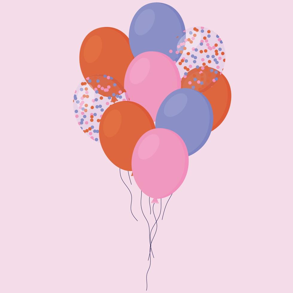 bouquet de ballons d'anniversaire rose violet orange et confettis, vecteur premium