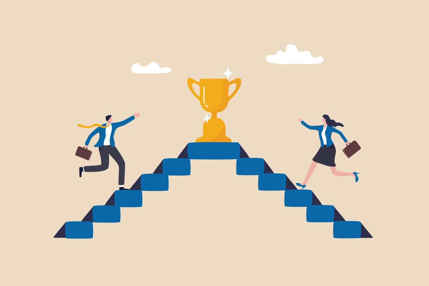 compétition commerciale, motivation des employés au succès, rivalité ou conflit, concours ou défi pour atteindre l'objectif, concept d'effort, homme d'affaires et femme d'affaires montent les escaliers en compétition pour gagner le trophée. vecteur