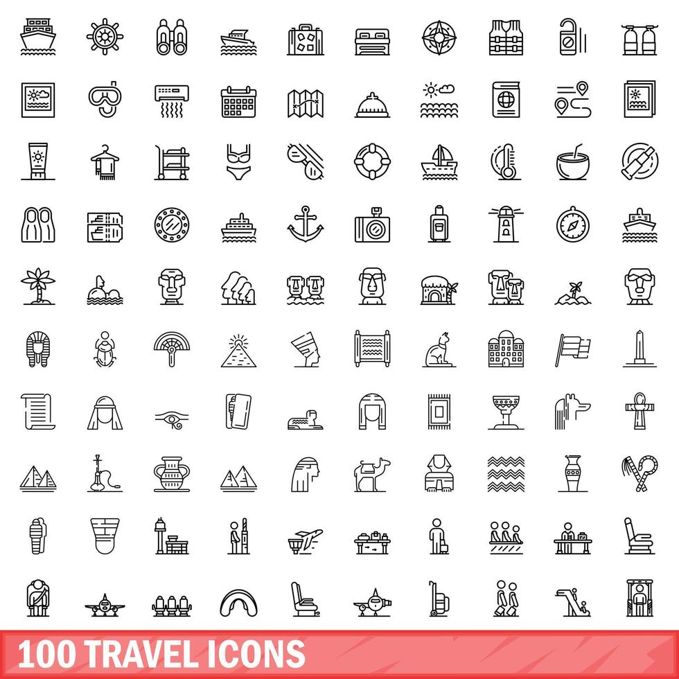 Ensemble de 100 icônes de voyage, style de contour vecteur