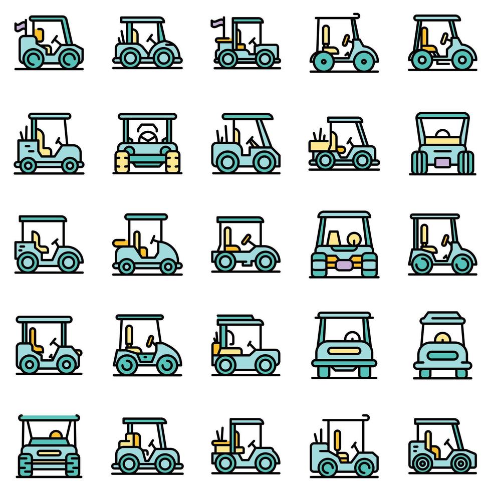 icônes de voiturette de golf définies vecteur plat