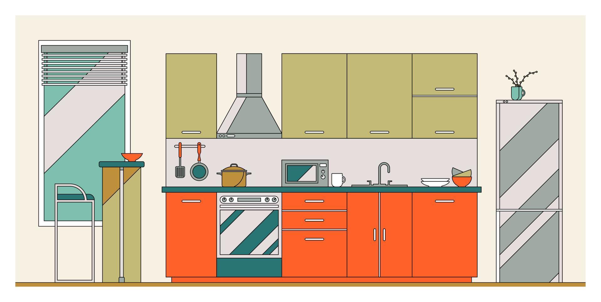 illustration vectorielle à plat, intérieur de cuisine moderne. meubles, ustensiles de cuisine et ustensiles. matériel de préparation des aliments, appareils électroménagers vecteur