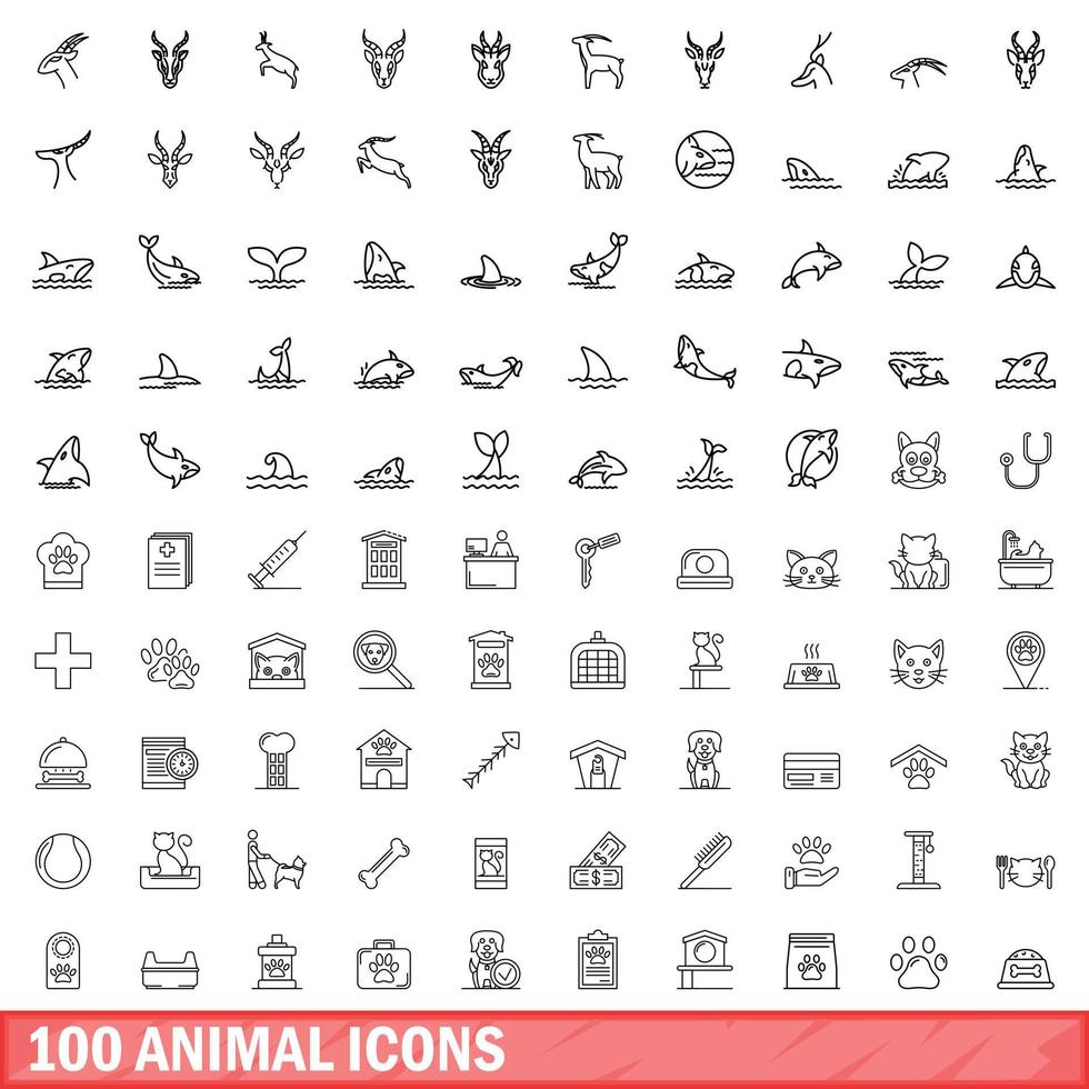 Ensemble de 100 icônes d'animaux, style de contour vecteur